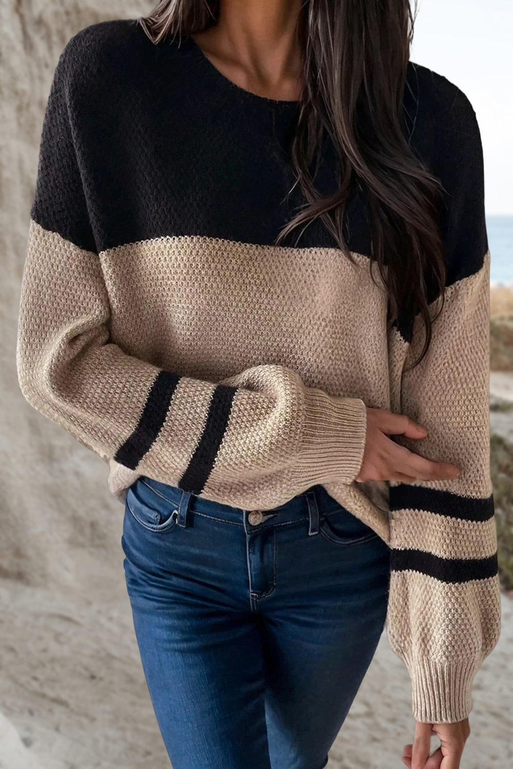 Cozy Color Block Striped Sleeve Sweater